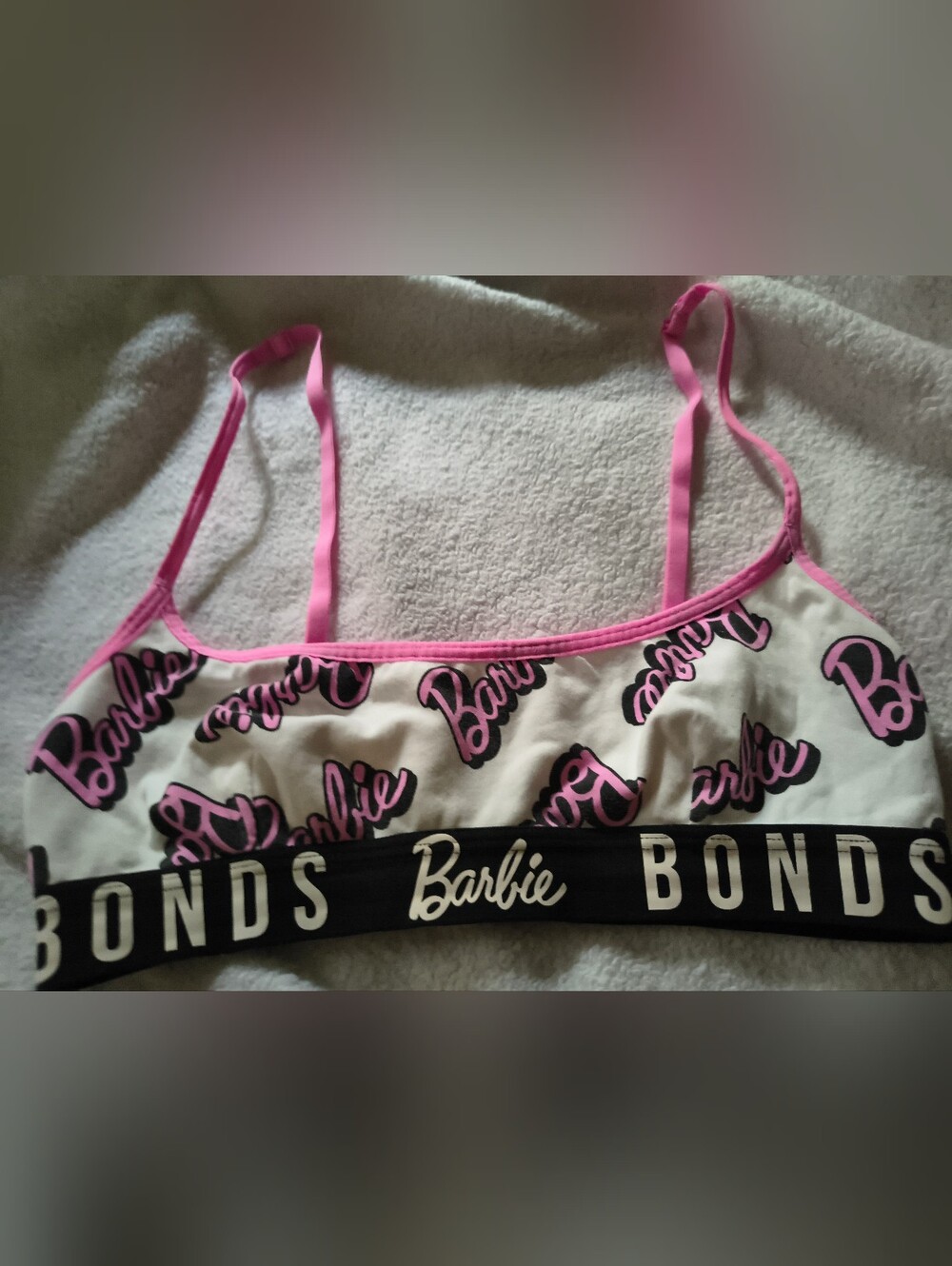 Bonds Barbie Script Crop Bralette in White, Pink & Black Size UK 10